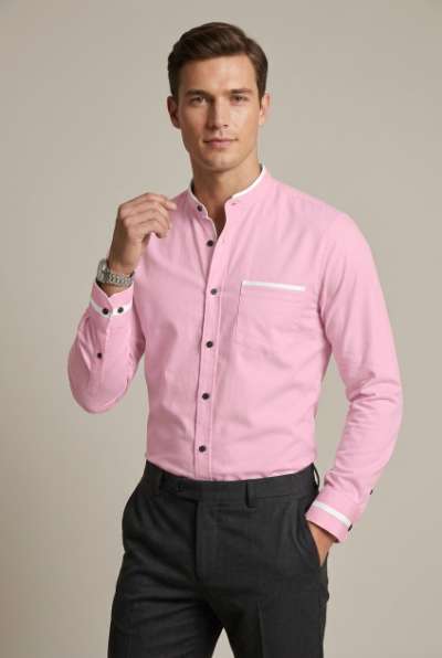 Man wearing a trendy long-sleeve grandad collar shirt with contrast trim, showcasing a stylish business casual look.