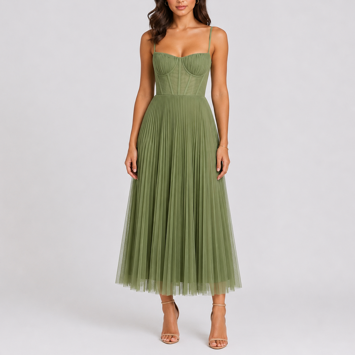 Elegant women's pleated maxi dress for special occasions. Perfect formal event wear, wedding guest, or evening party gown.