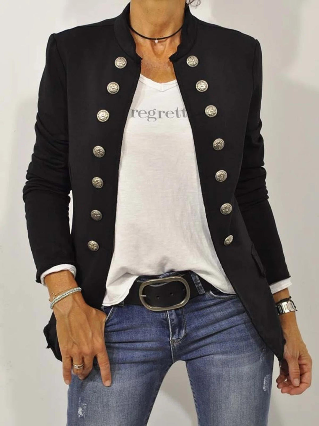 Women's black military style blazer with a stand collar. Edgy, chic, and professional outerwear.