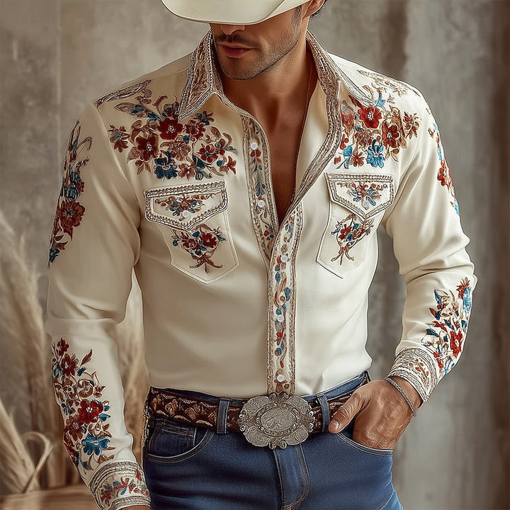Men's embroidered western shirt, long sleeve, button-down, featuring classic cowboy style. Timeless casual wear.