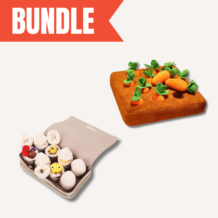Dual dog enrichment set with sniff & search carrot and egg farm toys for mental stimulation and anti-boredom.
