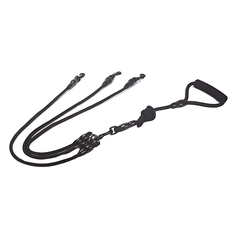Owner effortlessly walking two dogs with a DuoGrip dual dog leash. Tangle-free multi-dog pet travel solution.