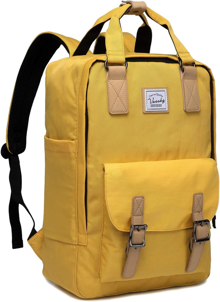 Front view of the water-resistant 15.6 inch laptop backpack, showcasing its vintage design & durable material.