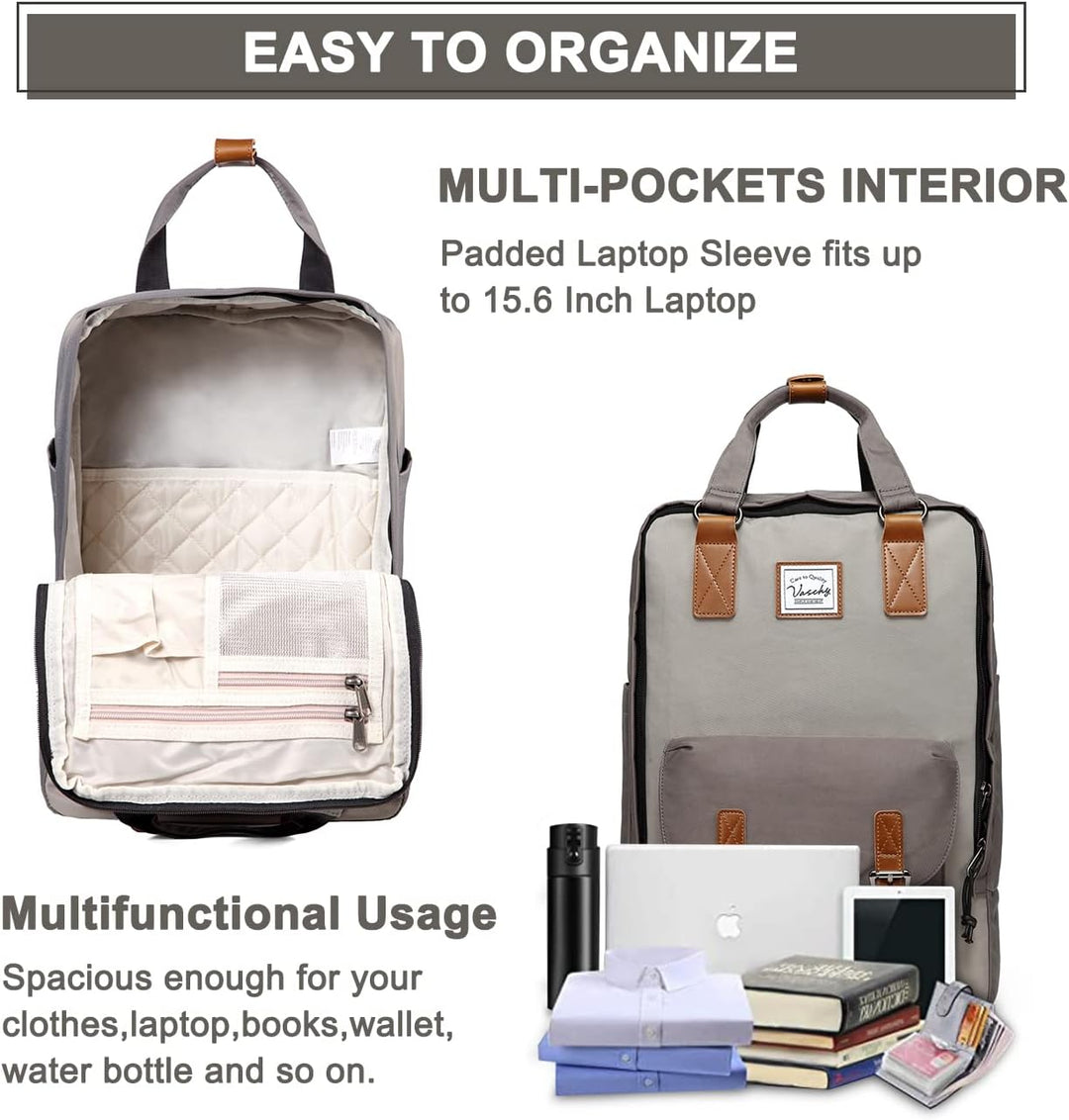 Unisex model wearing the vintage 15.6 inch water-resistant laptop backpack, perfect for daily commute.