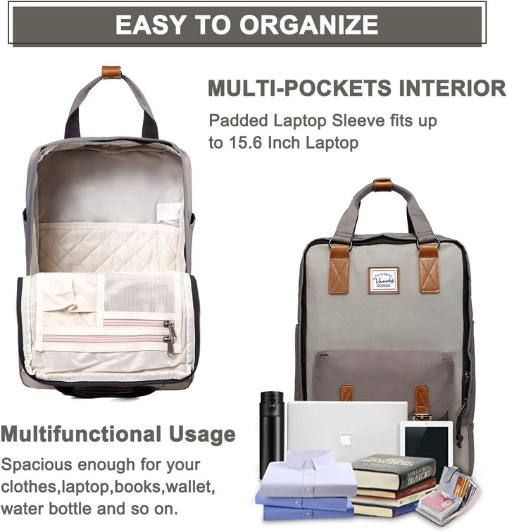 Unisex model wearing the vintage 15.6 inch water-resistant laptop backpack, perfect for daily commute.