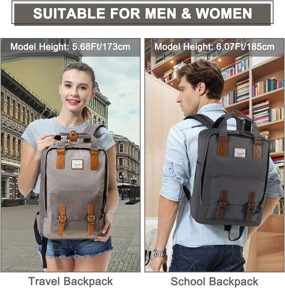 The 15.6 inch vintage laptop backpack placed in a travel setting, ready for adventure & secure storage.