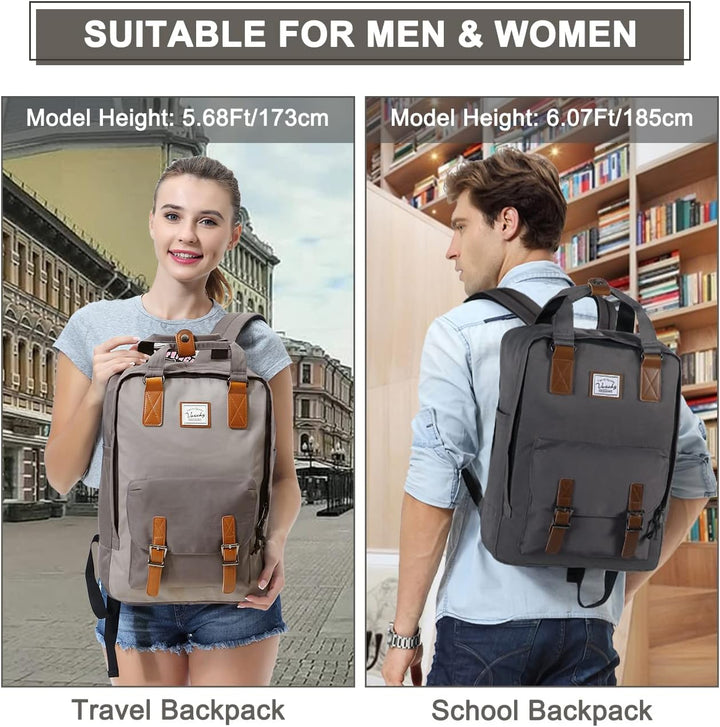 The 15.6 inch vintage laptop backpack placed in a travel setting, ready for adventure & secure storage.