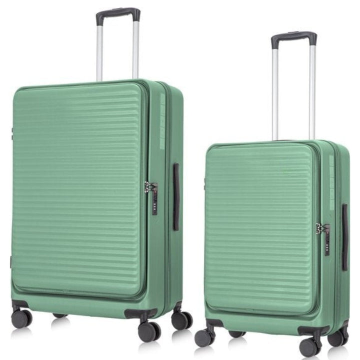 Sleek 2-piece hardshell luggage, perfect for vacation and business travel, with laptop access.