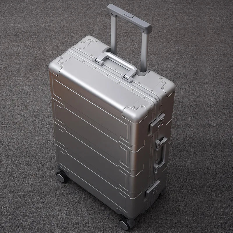 Durable aluminum hardshell travel suitcase, premium unisex luggage for secure journeys.