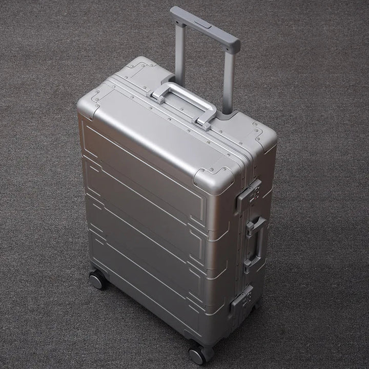 Durable aluminum hardshell travel suitcase, premium unisex luggage for secure journeys.