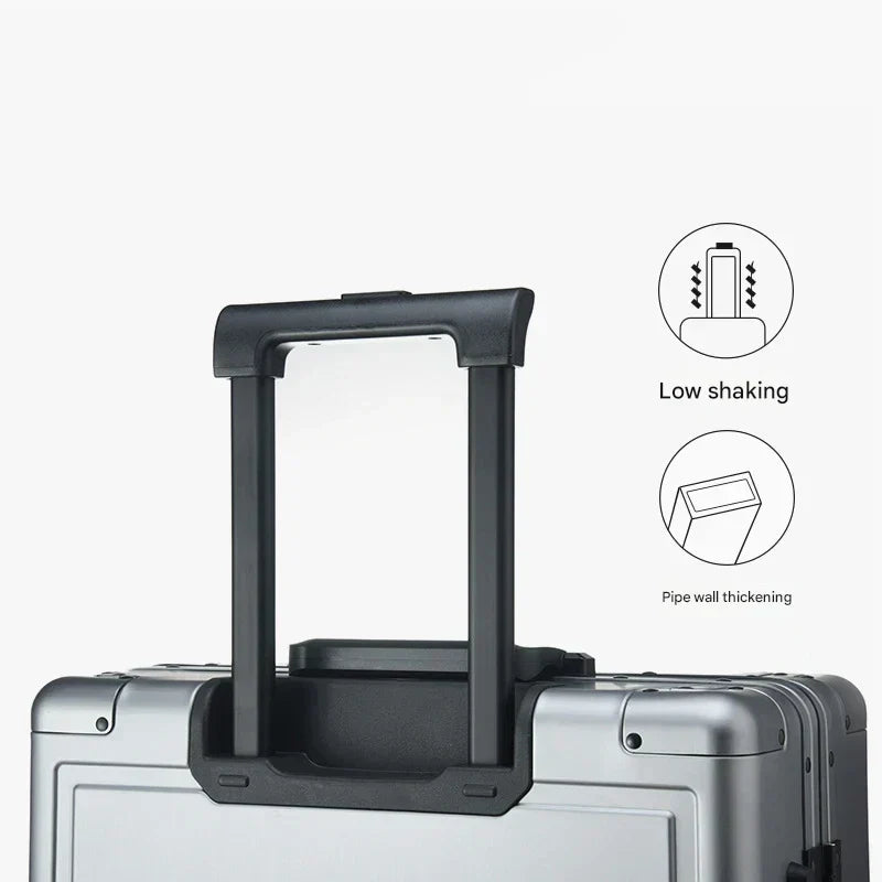 Durable aluminum hardshell travel suitcase, versatile luggage for business or vacation, carry-on option.