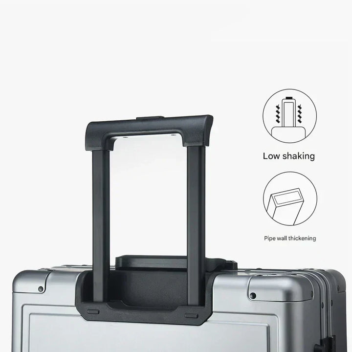 Durable aluminum hardshell travel suitcase, versatile luggage for business or vacation, carry-on option.