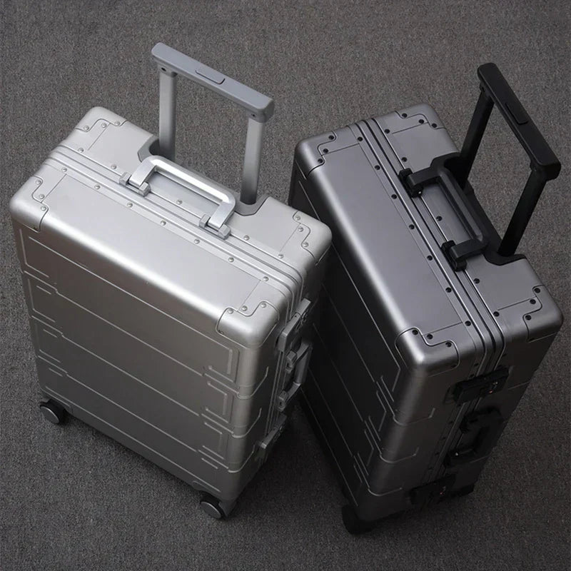 Unisex aluminum hardshell suitcase with smooth spinner wheels & TSA lock, perfect travel gear.