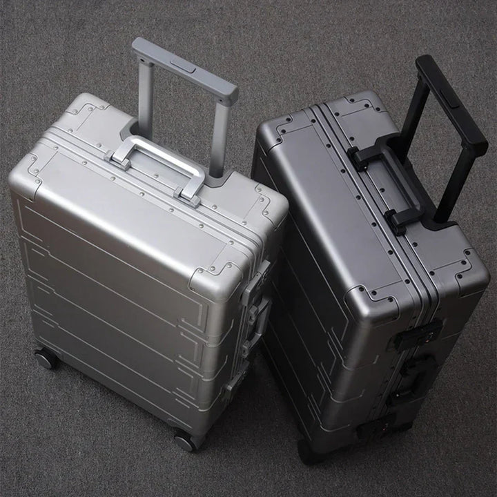 Unisex aluminum hardshell suitcase with smooth spinner wheels & TSA lock, perfect travel gear.