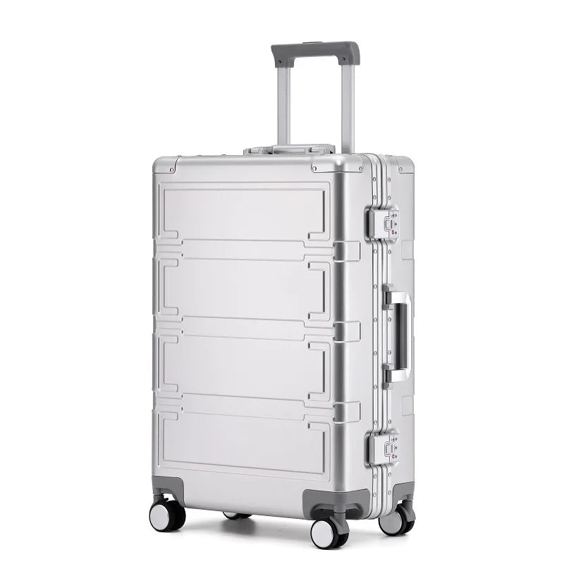Premium aluminum hardshell checked bag suitcase, robust travel luggage with easy-roll spinner wheels.