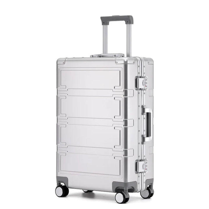 Premium aluminum hardshell checked bag suitcase, robust travel luggage with easy-roll spinner wheels.