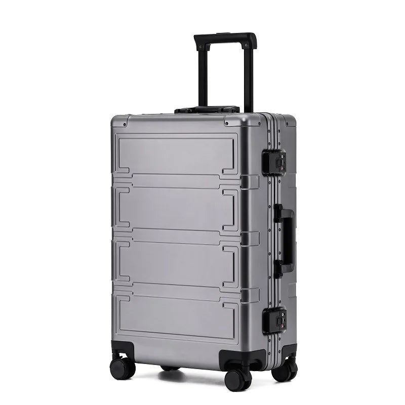 Robust aluminum hardshell travel suitcase, durable travel gear with multi-directional spinner wheels.