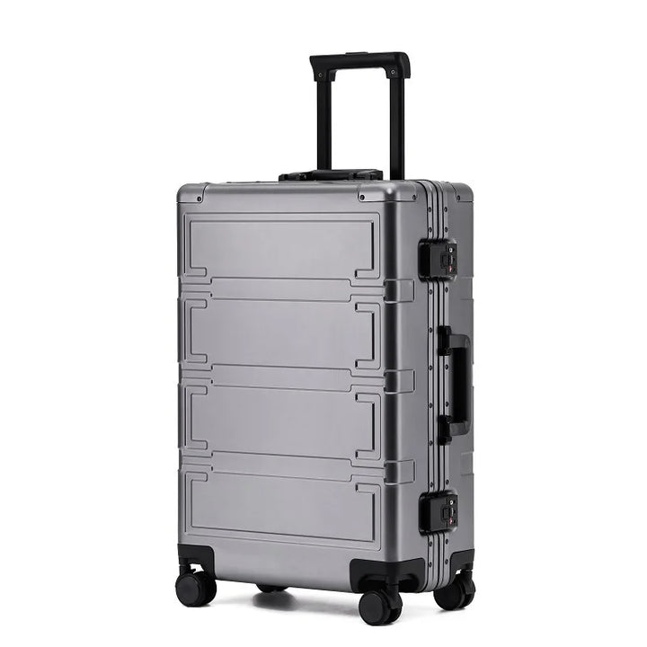 Robust aluminum hardshell travel suitcase, durable travel gear with multi-directional spinner wheels.