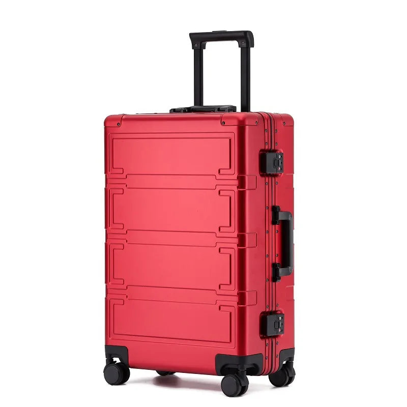 Stylish aluminum hardshell travel suitcase, durable carry-on or checked bag with spinner wheels.