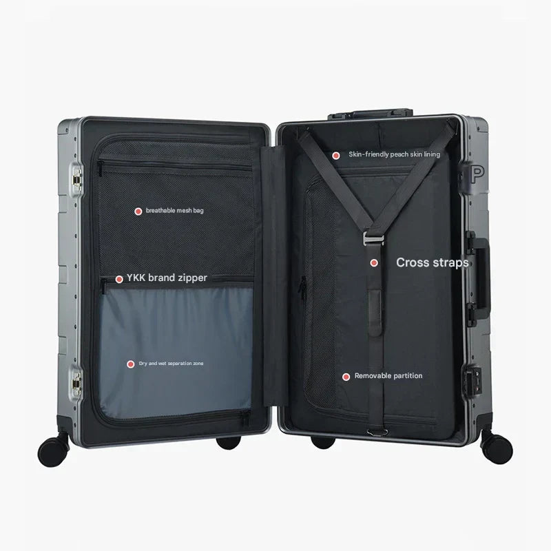 Secure aluminum hardshell travel suitcase, premium unisex luggage with TSA-approved lock & spinner wheels.