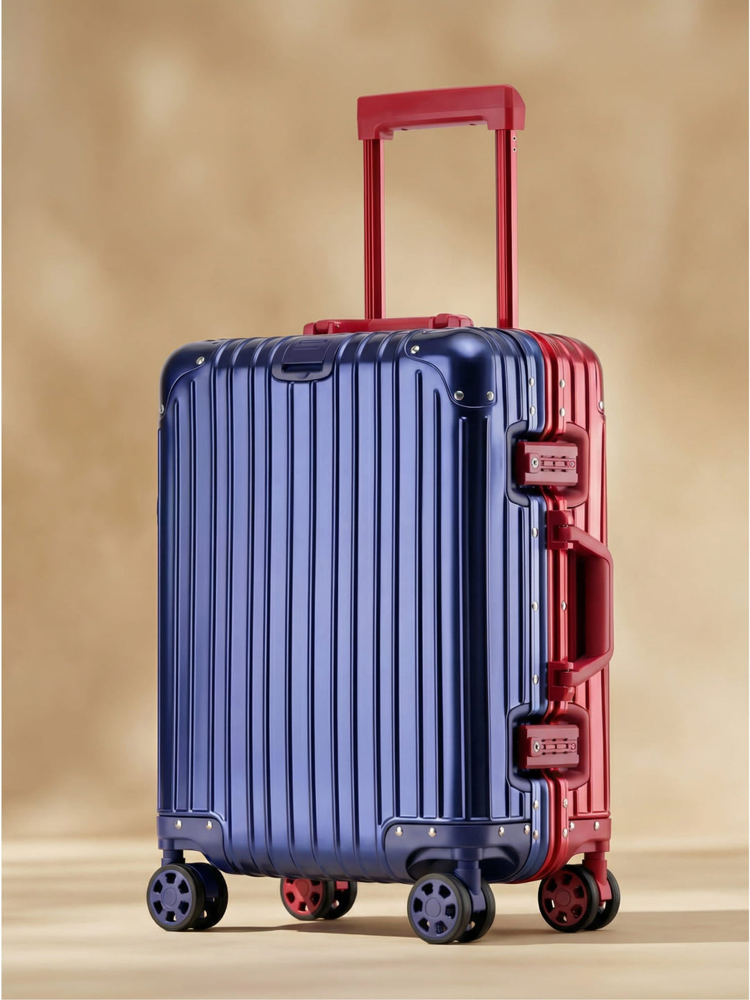 Durable Aluminum-Magnesium hard shell travel suitcase, unisex design with spinner wheels.