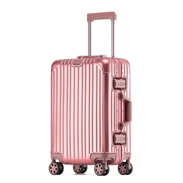 Heavy-duty aluminum-magnesium hard shell luggage, built to endure frequent international travel.