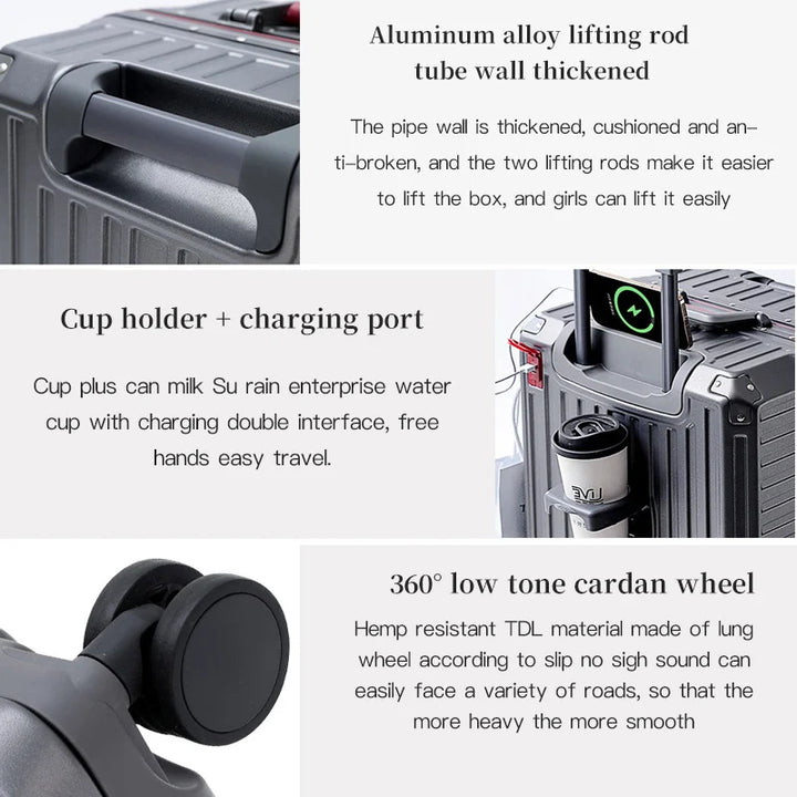 Effortless travel luggage with an ergonomic wide grip handle and 360° spinner wheels for smooth mobility.