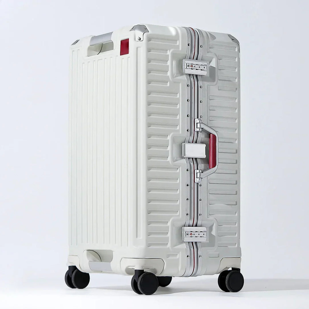 Large durable hard shell checked bag with wide grip handle & smooth rolling spinner wheels for long trips.
