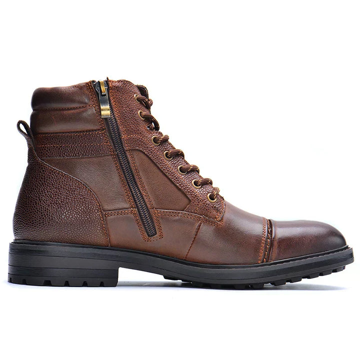 Durable men's work-inspired boots with zipper & laces, perfect for versatile casual or outdoor wear. Brown/black options.