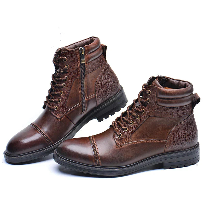 Robust men's brown/black work boots featuring both zipper & laces for a secure, versatile fit. Great for all seasons.