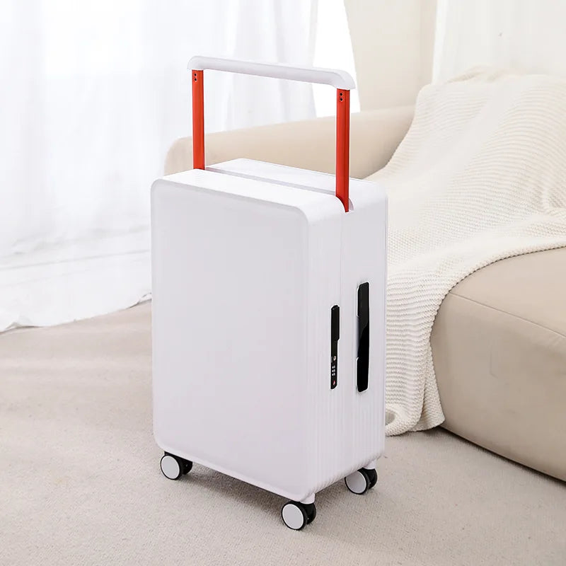 Travel-ready hard shell luggage with interior organizer compartments & silent spinner wheels.