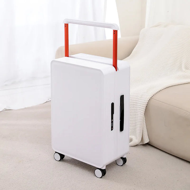 Travel-ready hard shell luggage with interior organizer compartments & silent spinner wheels.