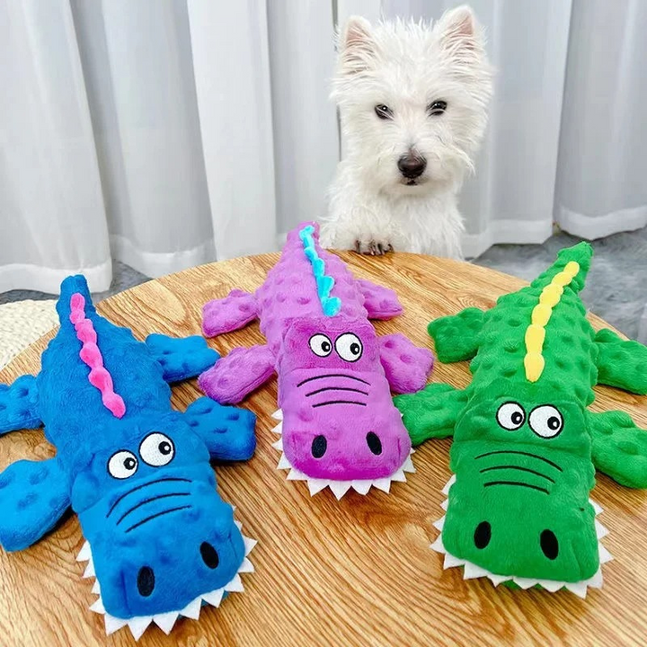 Durable squeaky plush dog toy for powerful chewers. Ideal for puppies & large breeds, ensuring long-lasting playtime fun.