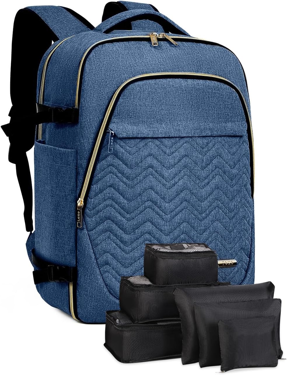 Durable unisex 40L airline-approved travel backpack with 6 packing cubes and laptop compartment for carry-on.