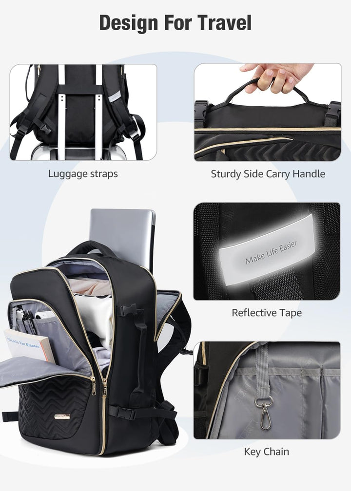 Versatile unisex 40L travel backpack, airline-approved carry-on with built-in laptop sleeve and cubes.