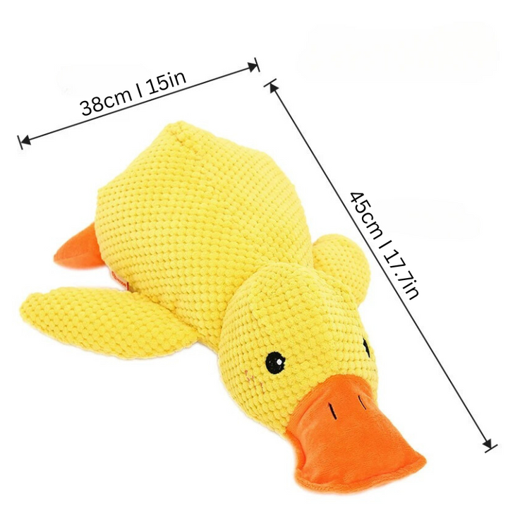 Plush yellow duck dog chew toy, durable and machine washable, ideal for dental health in all dogs.