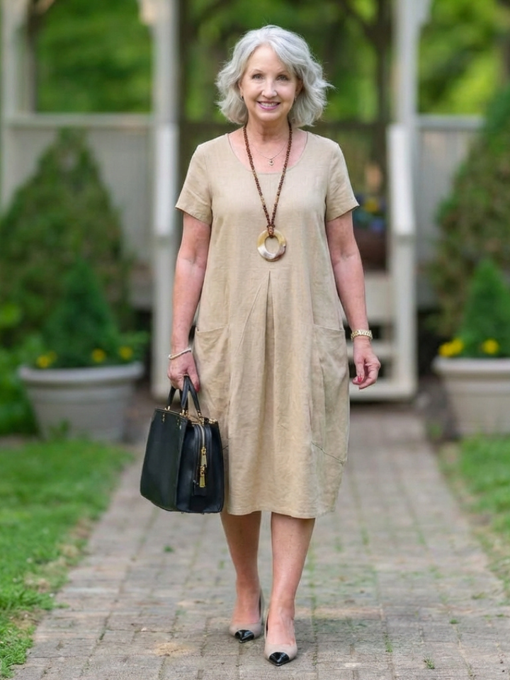 Relaxed fit women's short sleeve pleated knee-length dress. Elegant casual style with side pockets, ideal for summer.