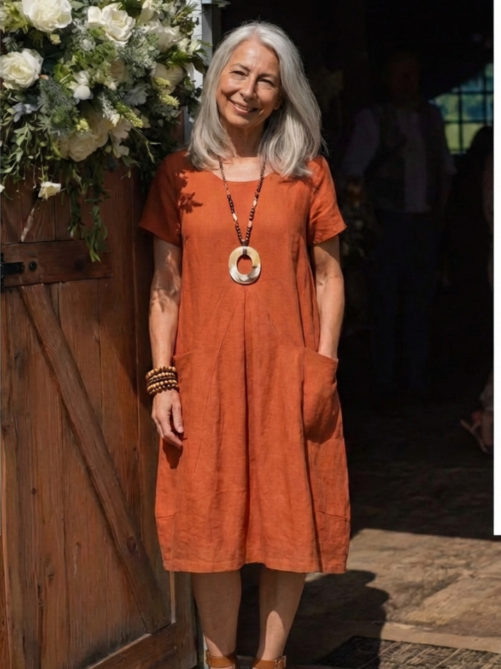 Women's short sleeve pleated knee-length dress featuring convenient side pockets. Effortless style for casual everyday wear.