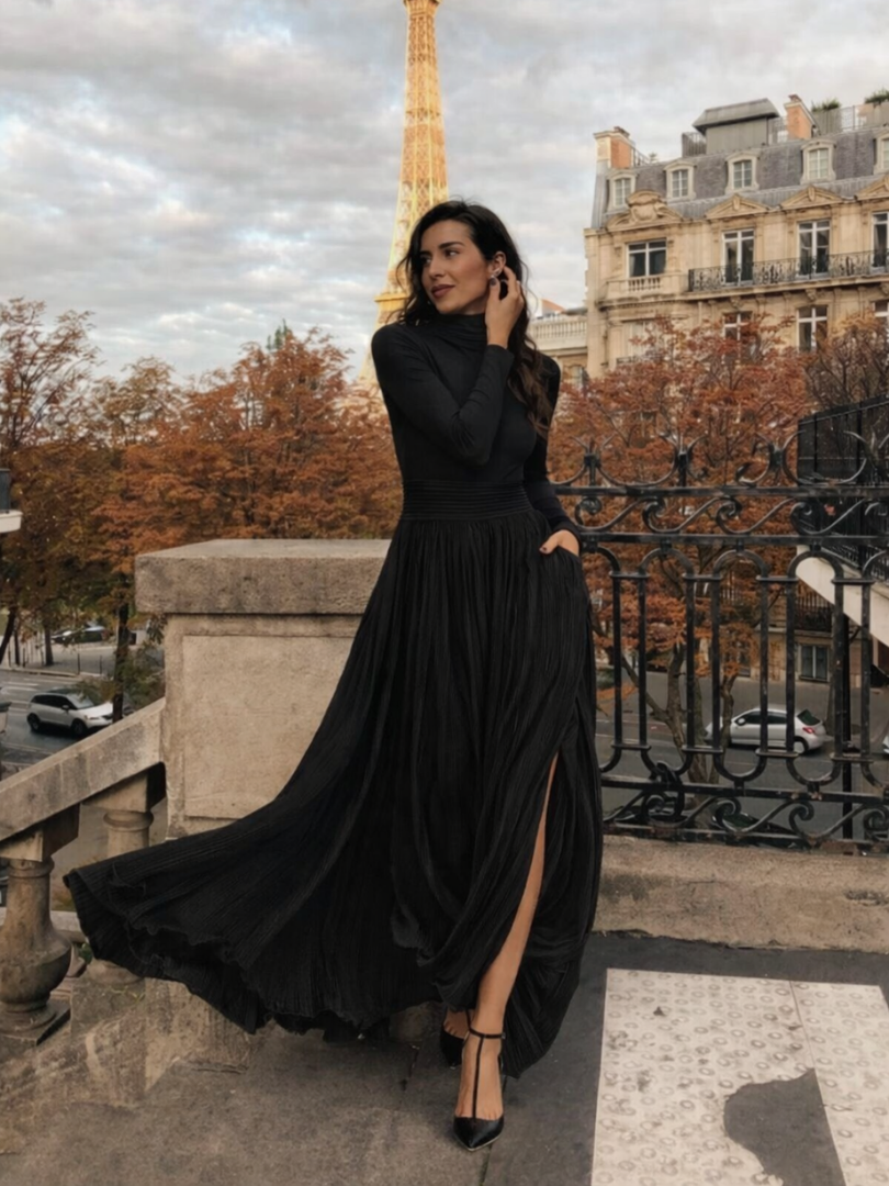 Modest women's fall/winter turtleneck maxi dress with elegant long sleeves and a beautiful pleated skirt.