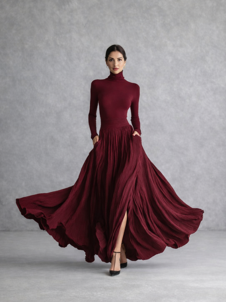 Chic women's turtleneck maxi dress, featuring a pleated skirt & long sleeves; versatile elegant fall fashion.