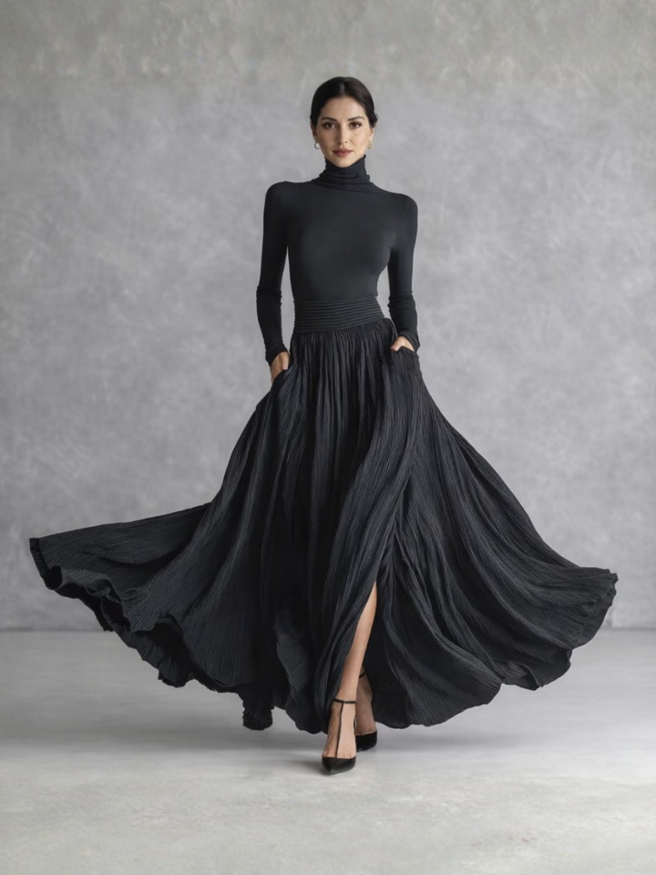 Elegant women's turtleneck maxi dress with long sleeves & pleated skirt, perfect for fall & winter occasions.