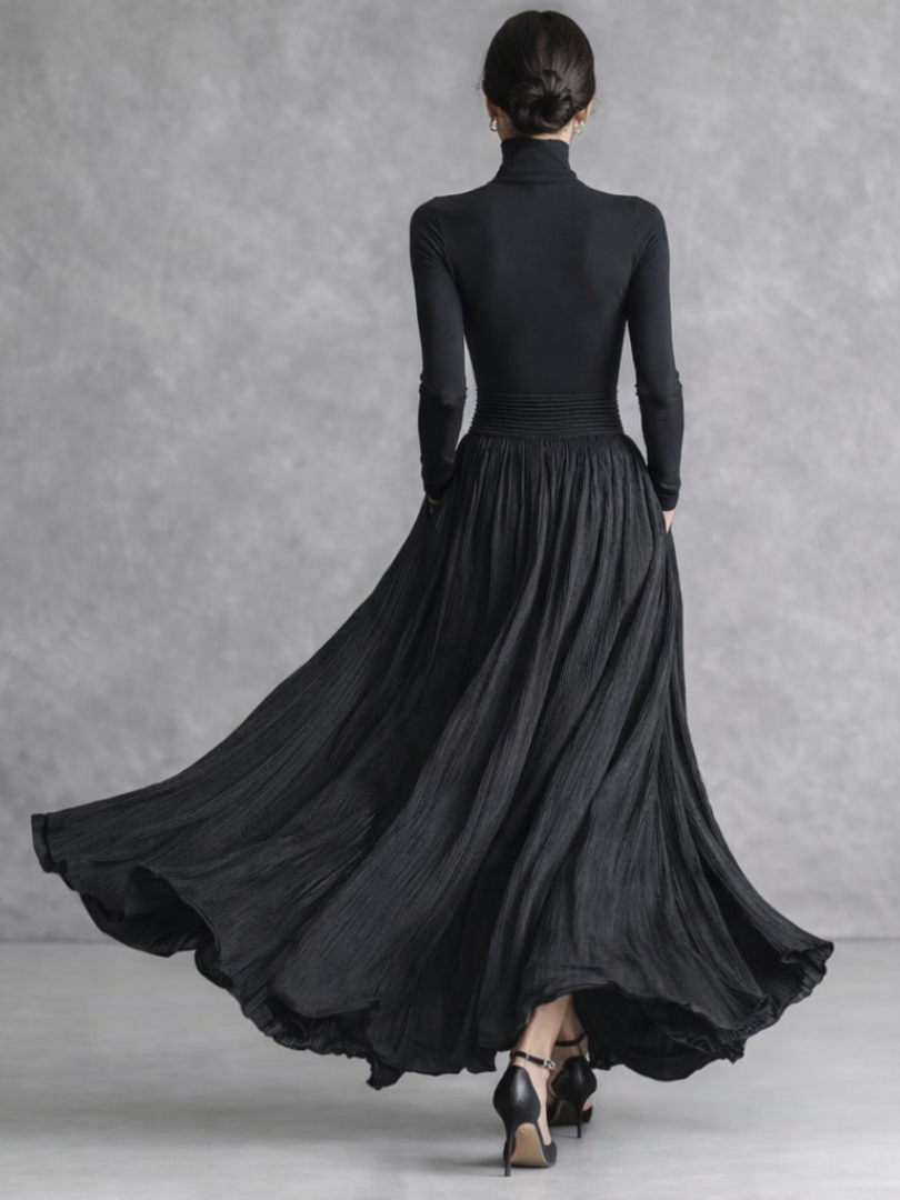 Sophisticated women's pleated turtleneck maxi dress, a flattering long sleeve design for formal events.
