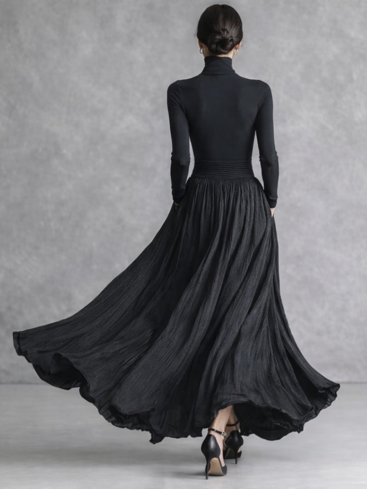 Sophisticated women's pleated turtleneck maxi dress, a flattering long sleeve design for formal events.