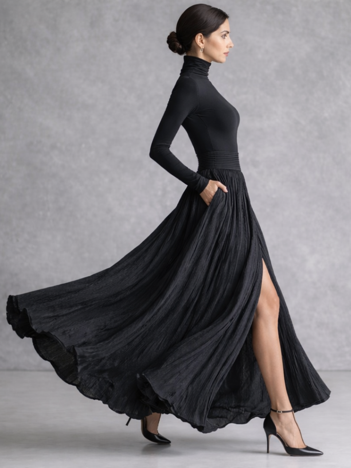 Formal long sleeve pleated turtleneck maxi dress for women, ideal elegant occasion wear & modest fashion.