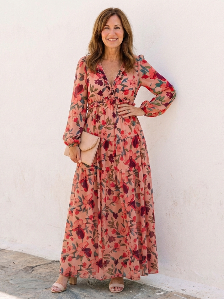Women's elegant long sleeve floral maxi dress with a V-neck, perfect for spring and summer events.