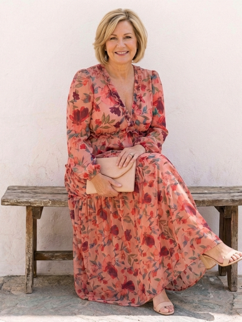 Flowy long sleeve floral maxi dress for women, featuring an elegant V-neck. Ideal for casual or evening wear.