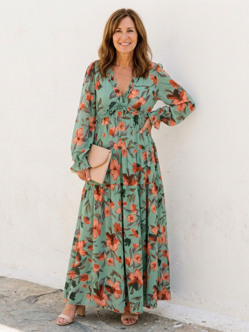 Comfortable women's floral maxi dress with long sleeves and V-neck, suitable for spring day or evening wear.