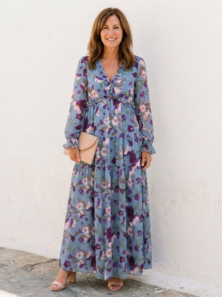 Versatile women's long sleeve floral maxi dress with V-neck, perfect for casual day or elegant evening style.