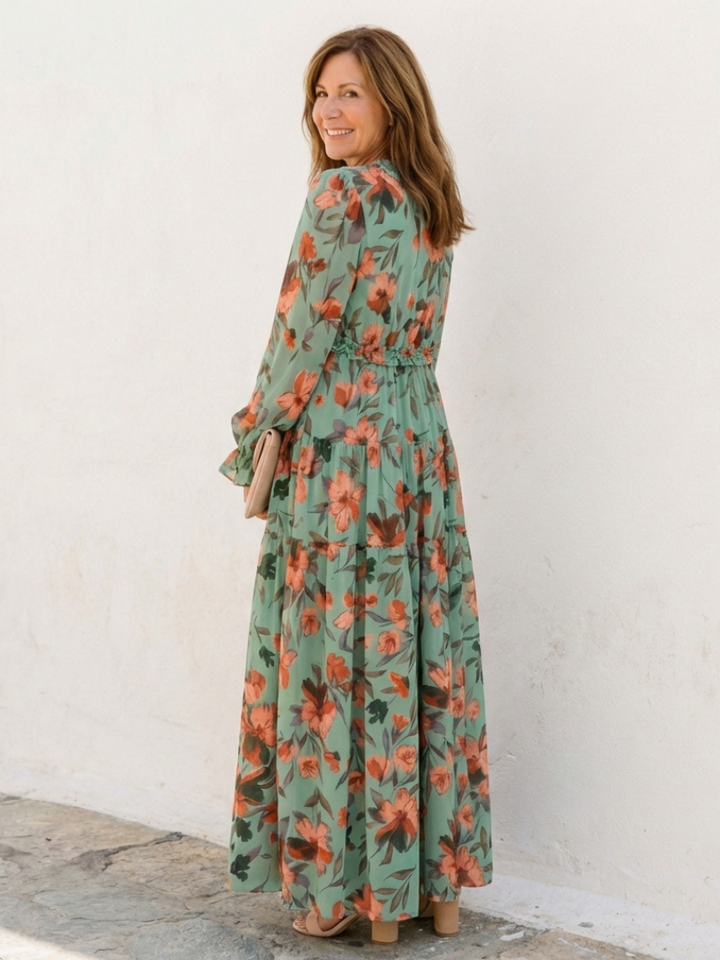 Vibrant floral long sleeve maxi dress for women, elegant V-neck design, perfect for spring and summer fashion.