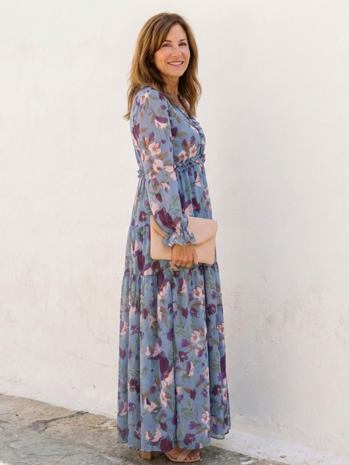 Spring fashion women's elegant long sleeve floral maxi dress, V-neck style, comfortable for warm weather.